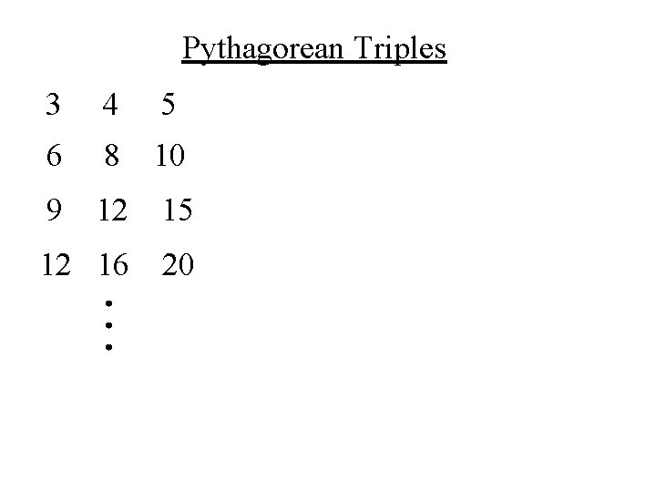 Pythagorean Triples 3 4 5 6 8 10 9 12 15 12 16 20