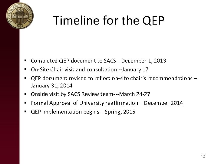 Timeline for the QEP § Completed QEP document to SACS --December 1, 2013 §