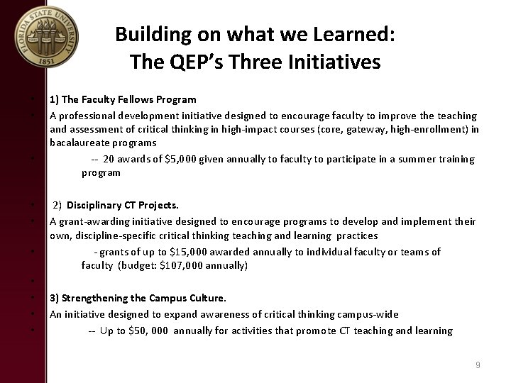 Building on what we Learned: The QEP’s Three Initiatives • • • 1) The