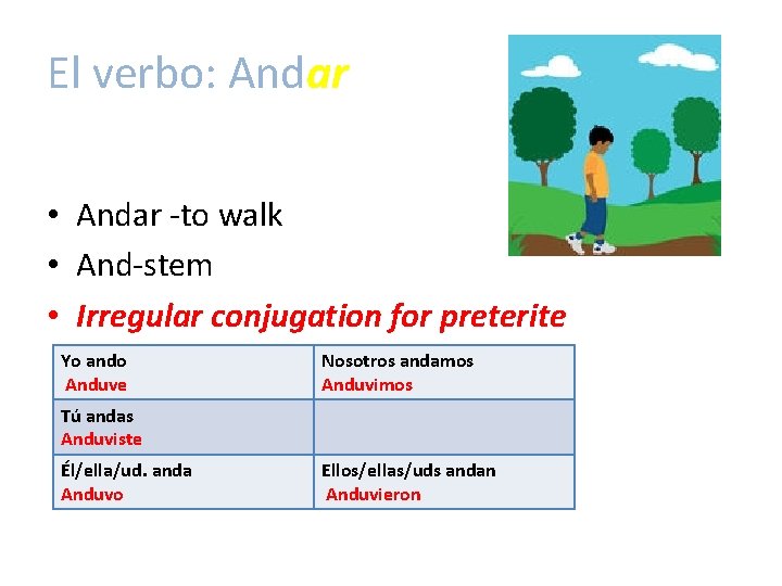 El verbo: Andar • Andar -to walk • And-stem • Irregular conjugation for preterite