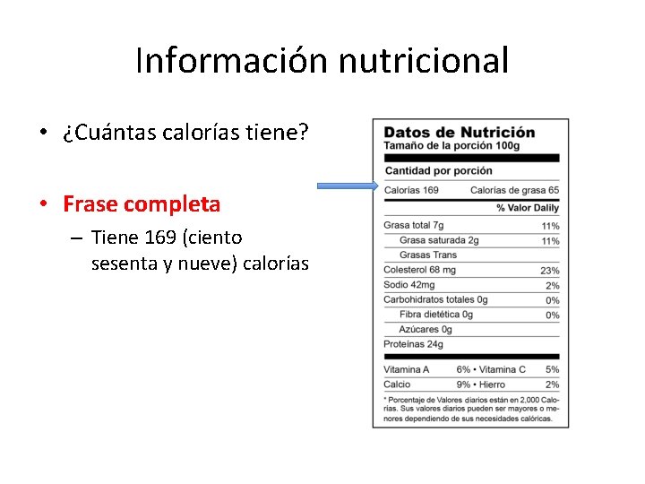 Información nutricional • ¿Cuántas calorías tiene? • Frase completa – Tiene 169 (ciento sesenta