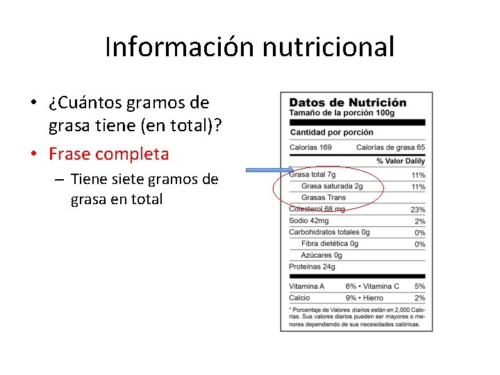 Información nutricional • ¿Cuántos gramos de grasa tiene (en total)? • Frase completa –