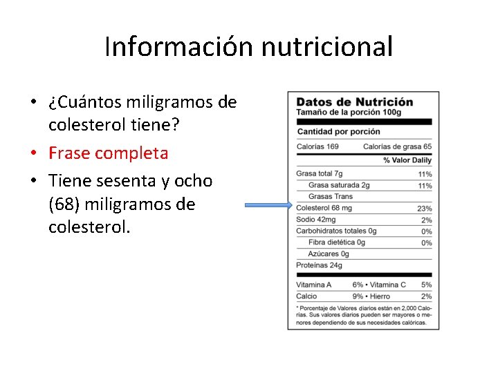 Información nutricional • ¿Cuántos miligramos de colesterol tiene? • Frase completa • Tiene sesenta