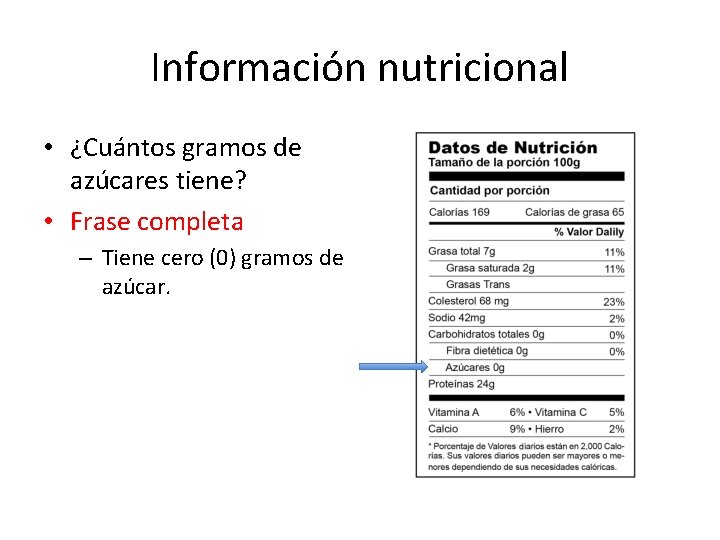 Información nutricional • ¿Cuántos gramos de azúcares tiene? • Frase completa – Tiene cero