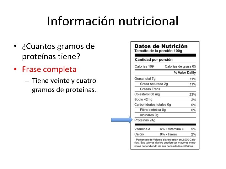 Información nutricional • ¿Cuántos gramos de proteínas tiene? • Frase completa – Tiene veinte