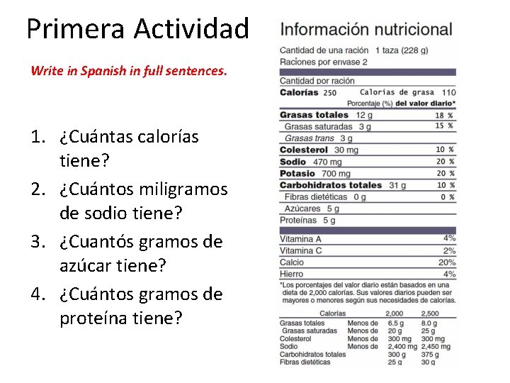 Primera Actividad Write in Spanish in full sentences. 1. ¿Cuántas calorías tiene? 2. ¿Cuántos