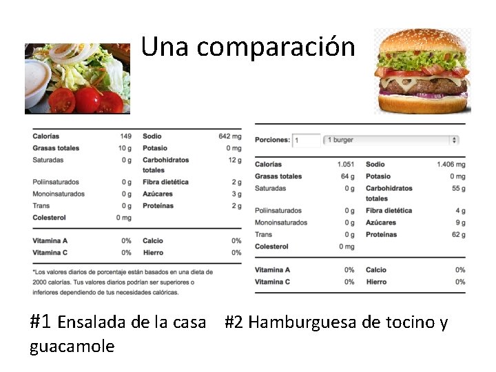 Una comparación #1 Ensalada de la casa #2 Hamburguesa de tocino y guacamole 