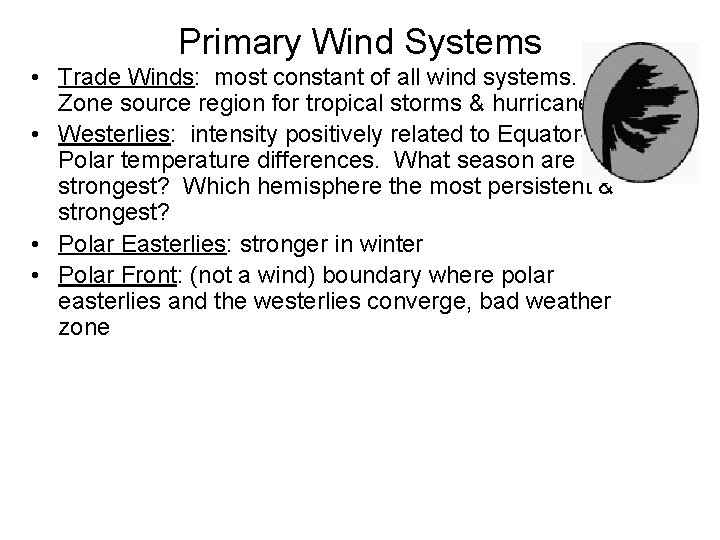 Primary Wind Systems • Trade Winds: most constant of all wind systems. Zone source