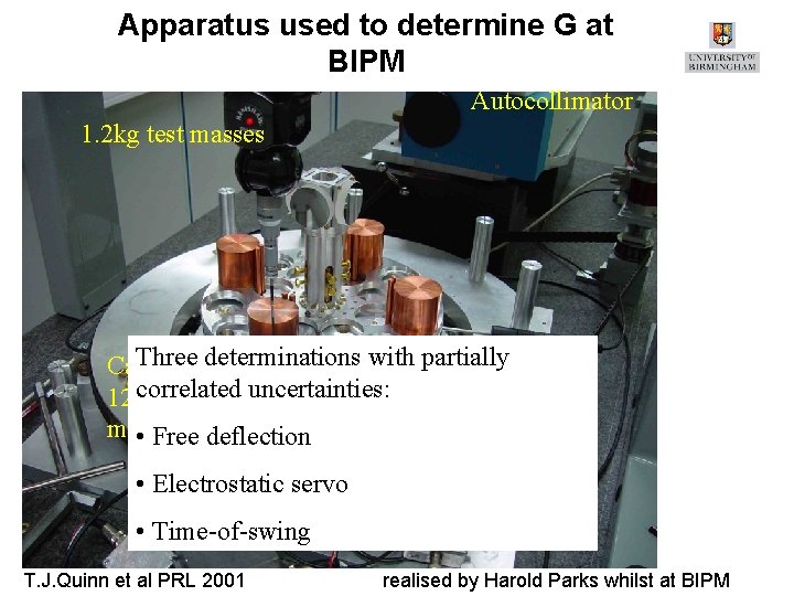 Apparatus used to determine G at BIPM Autocollimator 1. 2 kg test masses Three