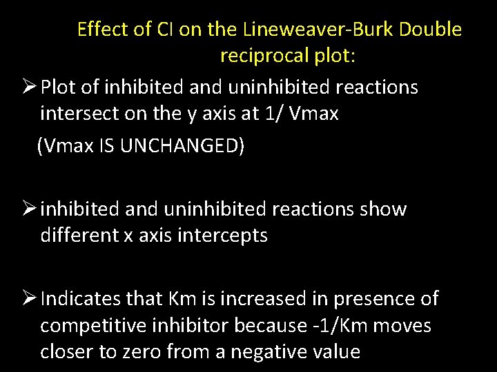  Effect of CI on the Lineweaver-Burk Double reciprocal plot: Ø Plot of inhibited