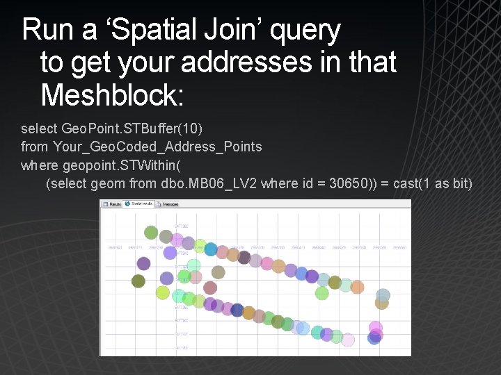 Run a ‘Spatial Join’ query to get your addresses in that Meshblock: select Geo.