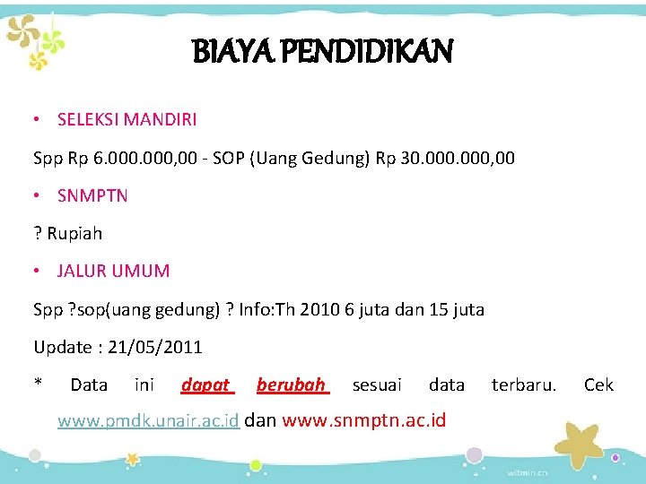 BIAYA PENDIDIKAN • SELEKSI MANDIRI Spp Rp 6. 000, 00 - SOP (Uang Gedung)