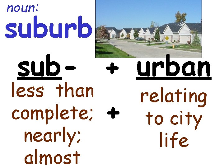 noun: suburb sub- + urban less than complete; nearly; almost + relating to city