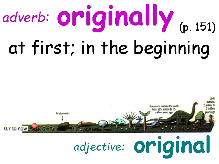 adverb: originally (p. 151) at first; in the beginning adjective: original 