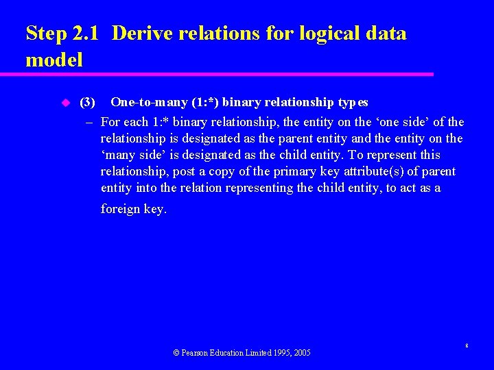 Step 2. 1 Derive relations for logical data model u (3) One-to-many (1: *)