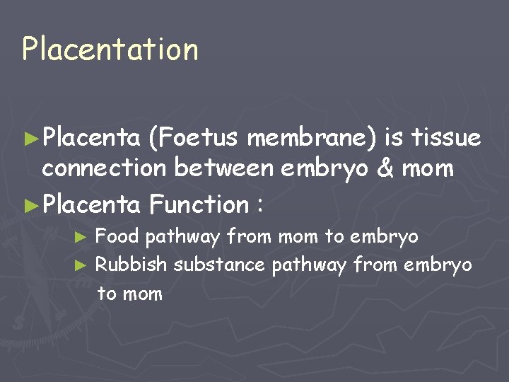 Placentation ►Placenta (Foetus membrane) is tissue connection between embryo & mom ►Placenta Function :