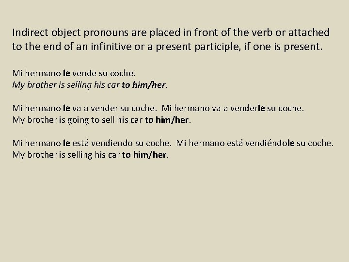 Indirect object pronouns are placed in front of the verb or attached to the