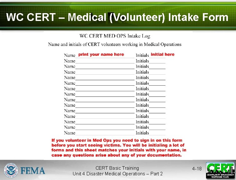 WC CERT – Medical (Volunteer) Intake Form Name and initials of CERT volunteers working