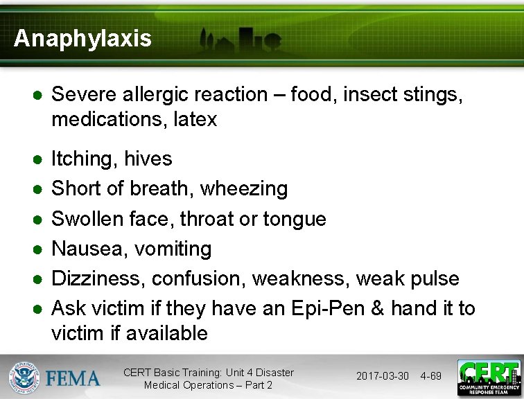 Anaphylaxis ● Severe allergic reaction – food, insect stings, medications, latex ● ● ●