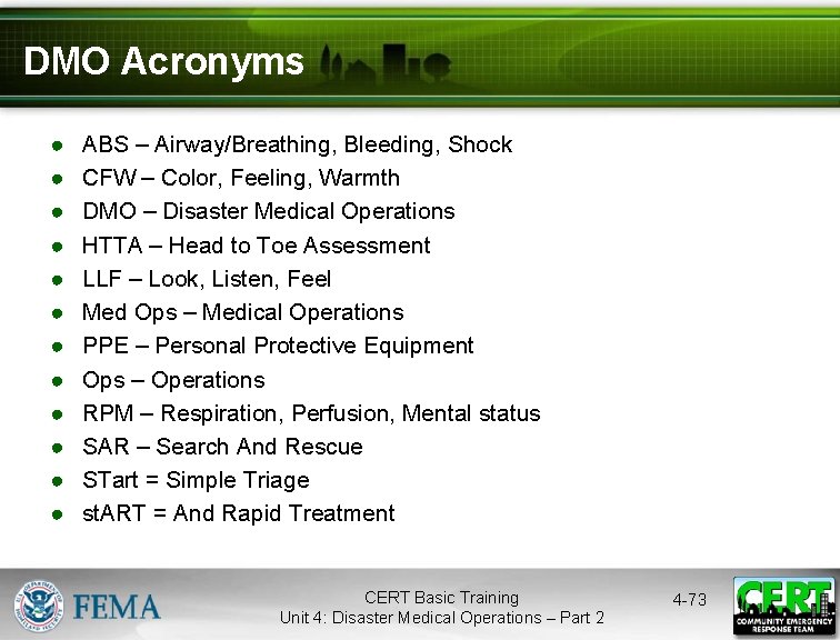 DMO Acronyms ● ● ● ABS – Airway/Breathing, Bleeding, Shock CFW – Color, Feeling,