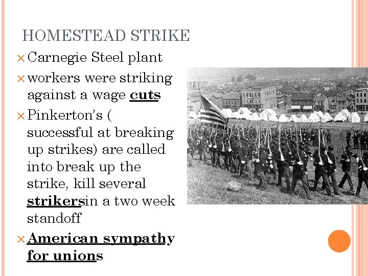 HOMESTEAD STRIKE ✕ Carnegie Steel plant ✕ workers were striking against a wage cuts