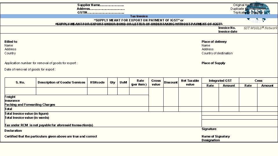  Supplier Name…………………. . Address……………… GSTIN………………. . Original for Recipient Duplicate for Transporter Triplicate