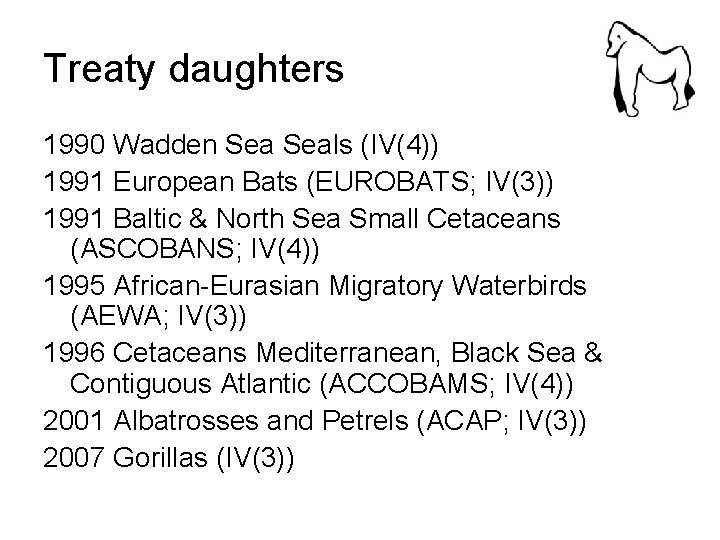 Treaty daughters 1990 Wadden Seals (IV(4)) 1991 European Bats (EUROBATS; IV(3)) 1991 Baltic &