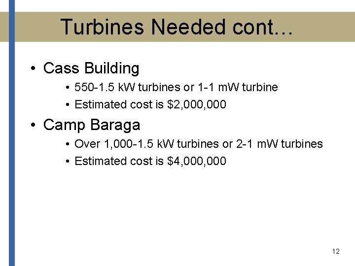 Turbines Needed cont… • Cass Building • 550 -1. 5 k. W turbines or