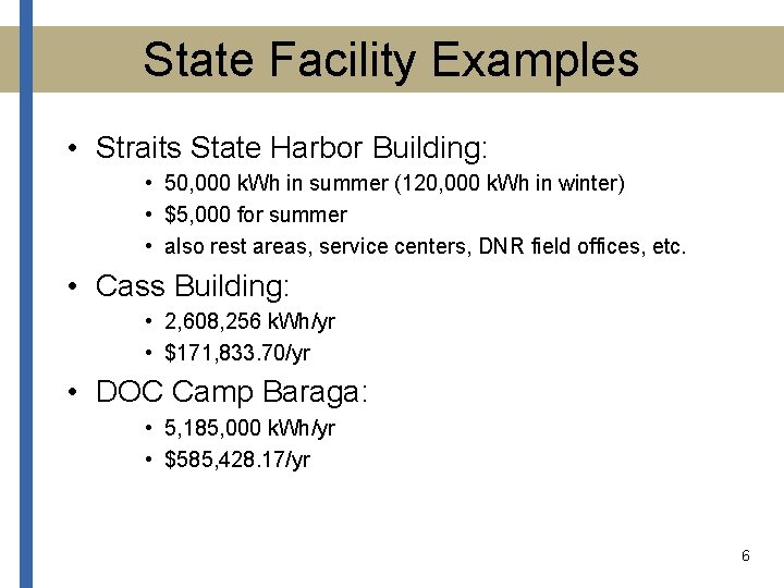 State Facility Examples • Straits State Harbor Building: • 50, 000 k. Wh in