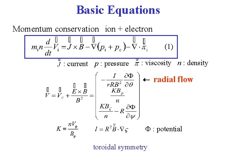 Basic Equations Momentum conservation　ion + electron (1) : current p : pressure : viscosity