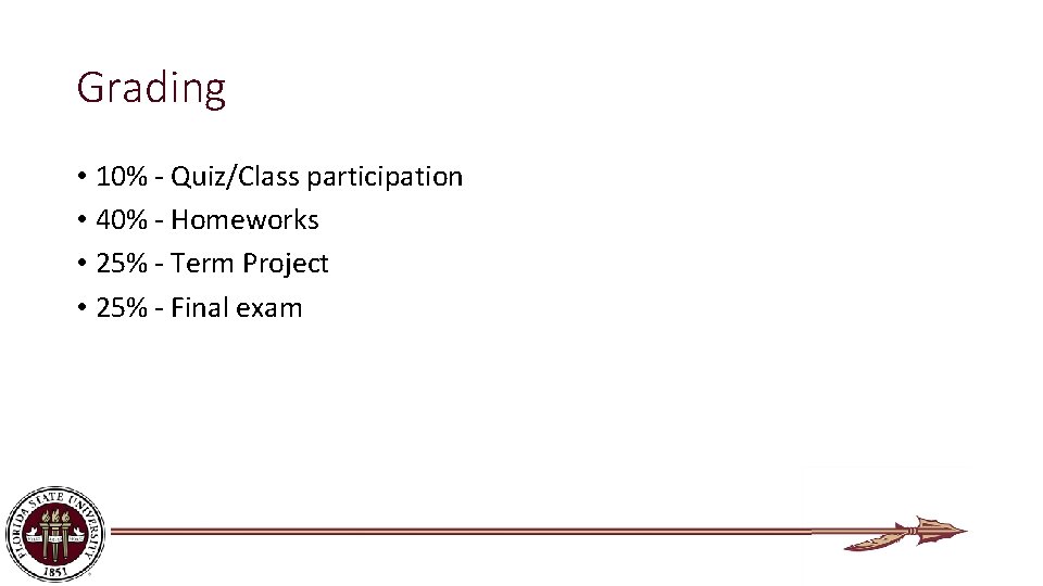 Grading • 10% - Quiz/Class participation • 40% - Homeworks • 25% - Term