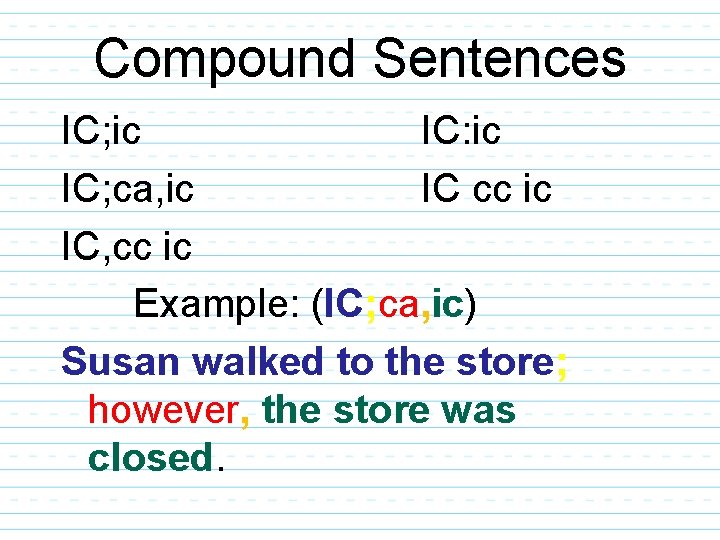 Compound Sentences IC; ic IC: ic IC; ca, ic IC cc ic IC, cc