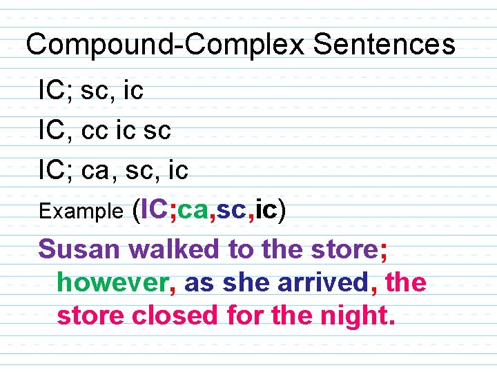 Compound-Complex Sentences IC; sc, ic IC, cc ic sc IC; ca, sc, ic Example