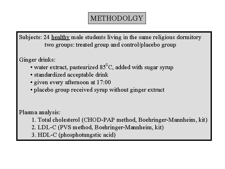 METHODOLGY Subjects: 24 healthy male students living in the same religious dormitory two groups: