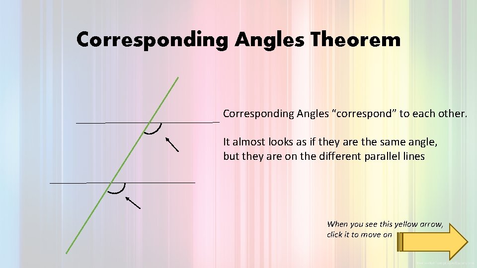 Corresponding Angles Theorem Corresponding Angles “correspond” to each other. It almost looks as if