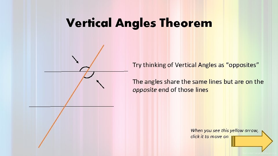 Vertical Angles Theorem Try thinking of Vertical Angles as “opposites” The angles share the