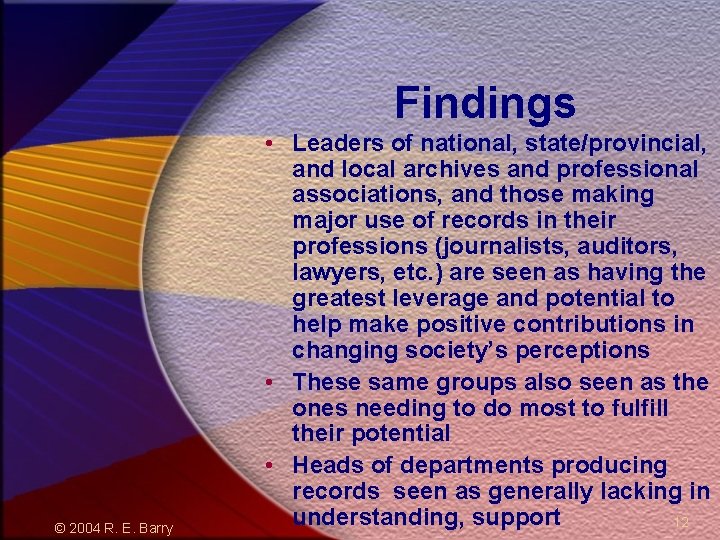 Findings © 2004 R. E. Barry • Leaders of national, state/provincial, and local archives