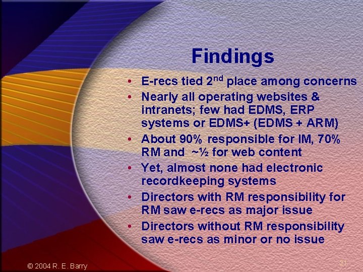 Findings • E-recs tied 2 nd place among concerns • Nearly all operating websites