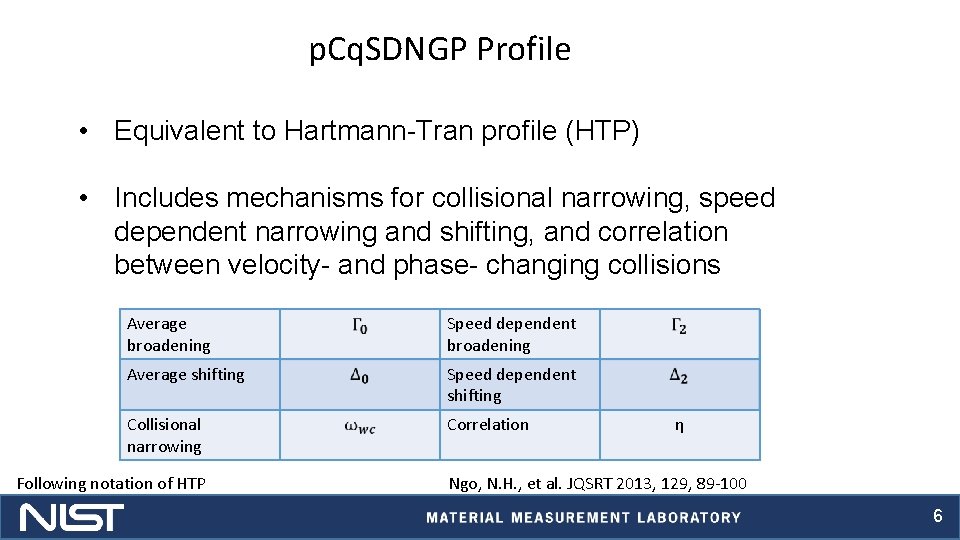 p. Cq. SDNGP Profile • Equivalent to Hartmann-Tran profile (HTP) • Includes mechanisms for