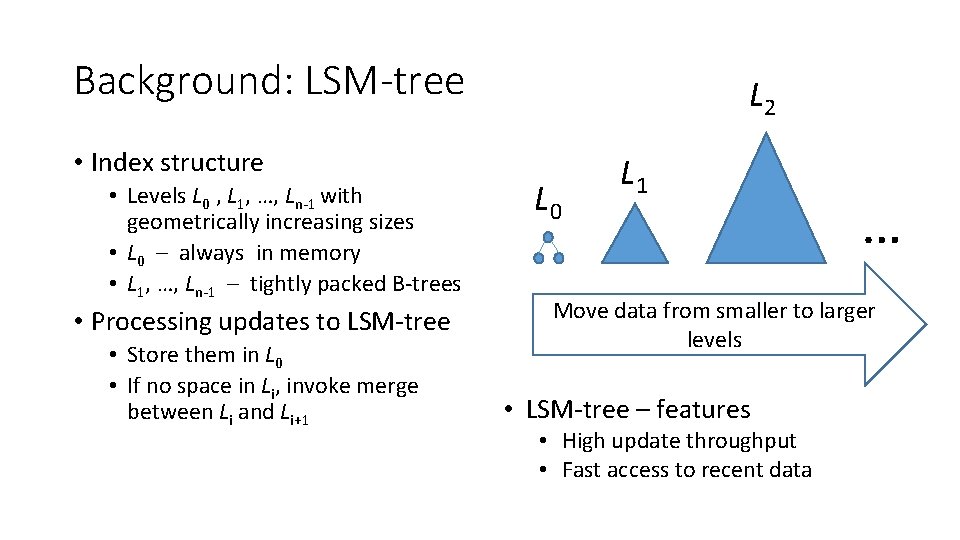 Background: LSM-tree • Index structure • Levels L 0 , L 1, …, Ln-1