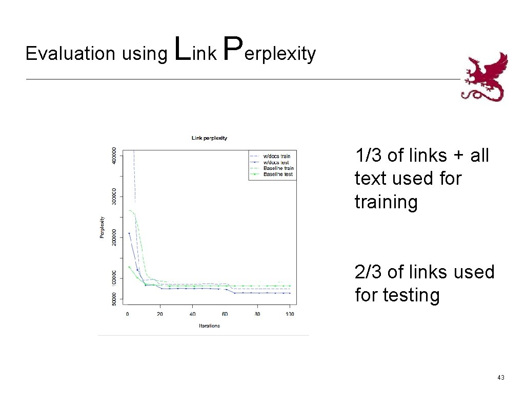 Evaluation using Link Perplexity 1/3 of links + all text used for training 2/3