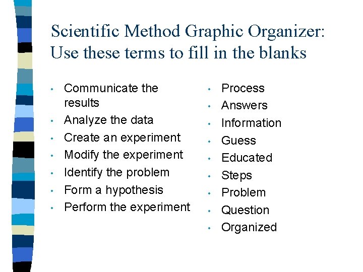 Scientific Method Graphic Organizer: Use these terms to fill in the blanks • •
