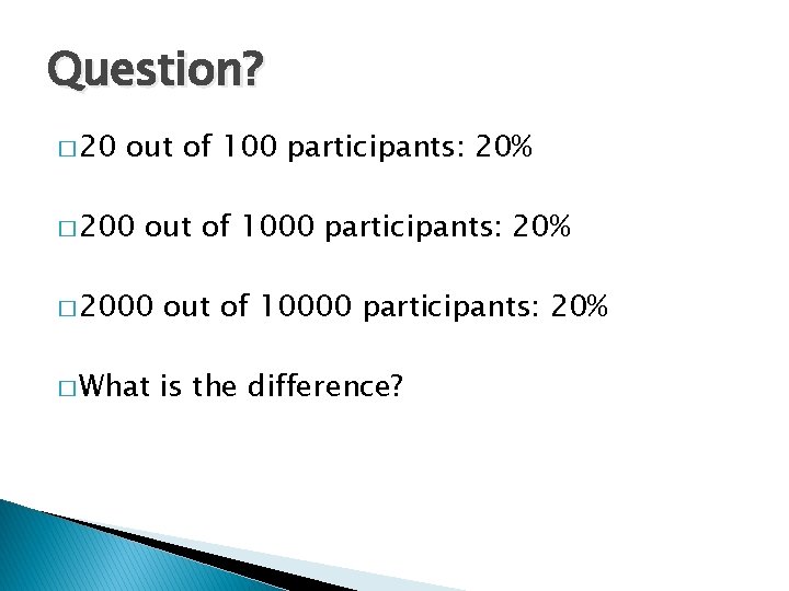 Question? � 20 out of 100 participants: 20% � 200 out of 1000 participants: