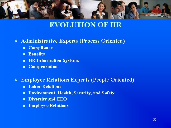 EVOLUTION OF HR Ø Administrative Experts (Process Oriented) n n Ø Compliance Benefits HR