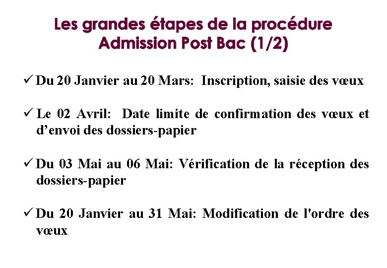 ü Du 20 Janvier au 20 Mars: Inscription, saisie des vœux ü Le 02