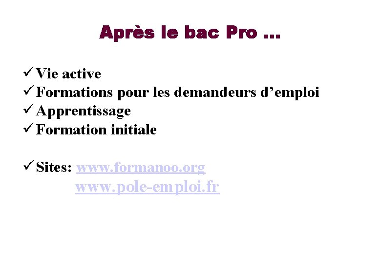 Après le bac Pro … ü Vie active ü Formations pour les demandeurs d’emploi