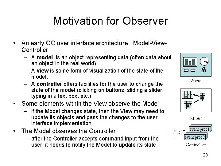 Motivation for Observer • An early OO user interface architecture: Model-View. Controller – A Motivation for Observer • An early OO user interface architecture: Model-View. Controller – A