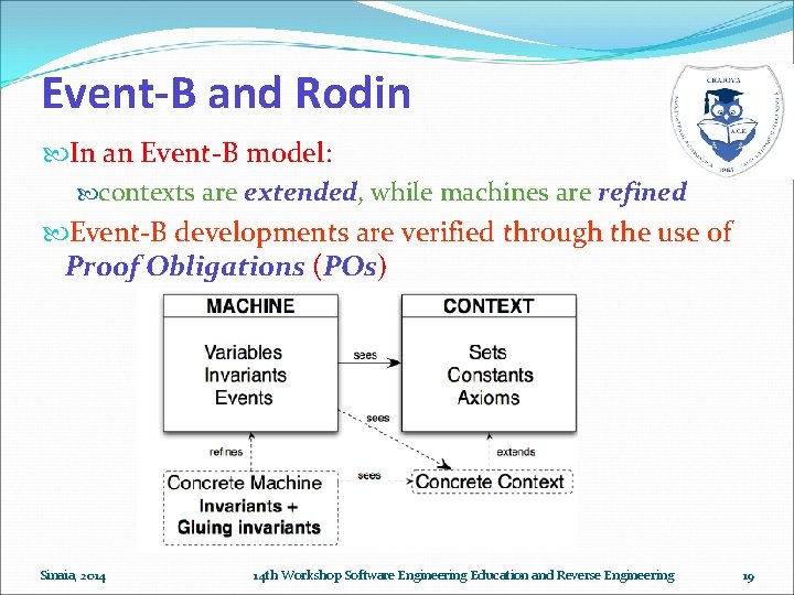 Event-B and Rodin In an Event-B model: contexts are extended, while machines are refined Event-B and Rodin In an Event-B model: contexts are extended, while machines are refined