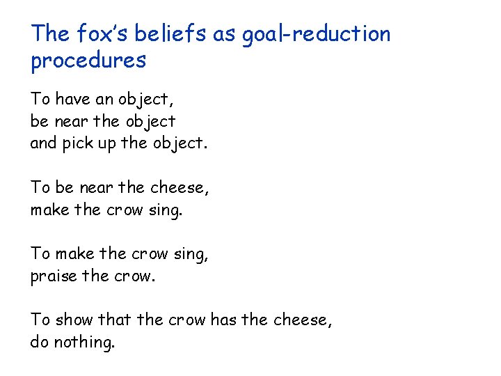 The fox’s beliefs as goal-reduction procedures To have an object, be near the object The fox’s beliefs as goal-reduction procedures To have an object, be near the object