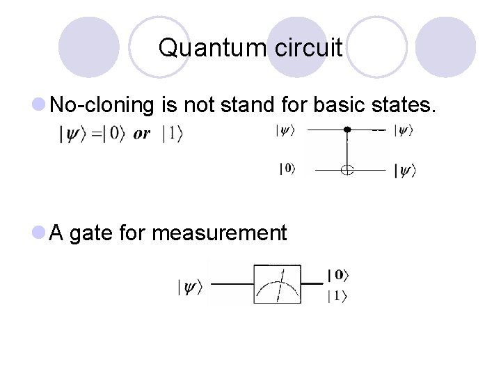 Quantum circuit l No-cloning is not stand for basic states. l A gate for